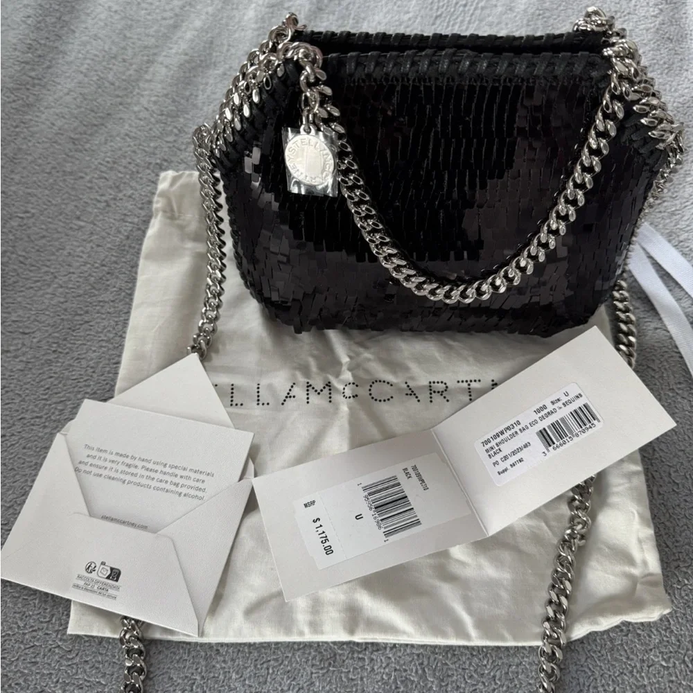 Stella McCartney Mini Falabella Sequin Shoulder Bag Black w/silver hardware NWT - Picture 6 of 14